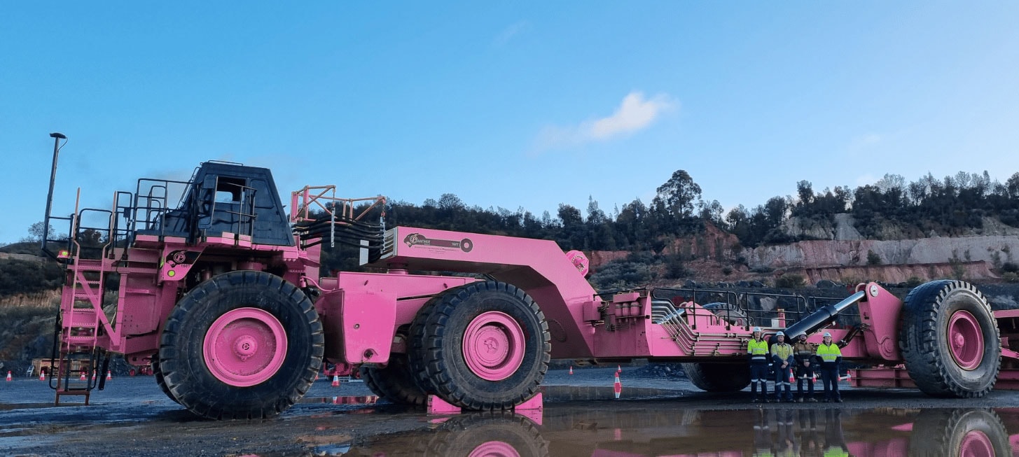 Bright pink Panther Series II Low Loader truck