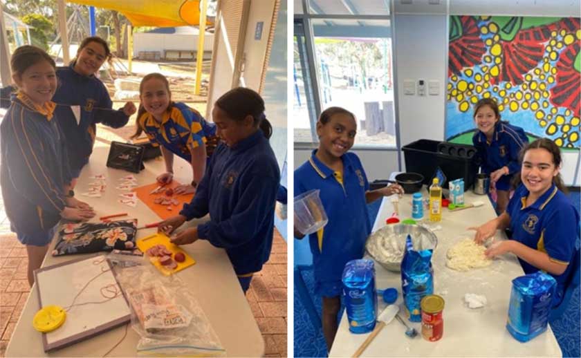 Karu Van Wyk, Tenjah Narrier, Madyx Wilkie and Genevieve Smith smile while making pizza