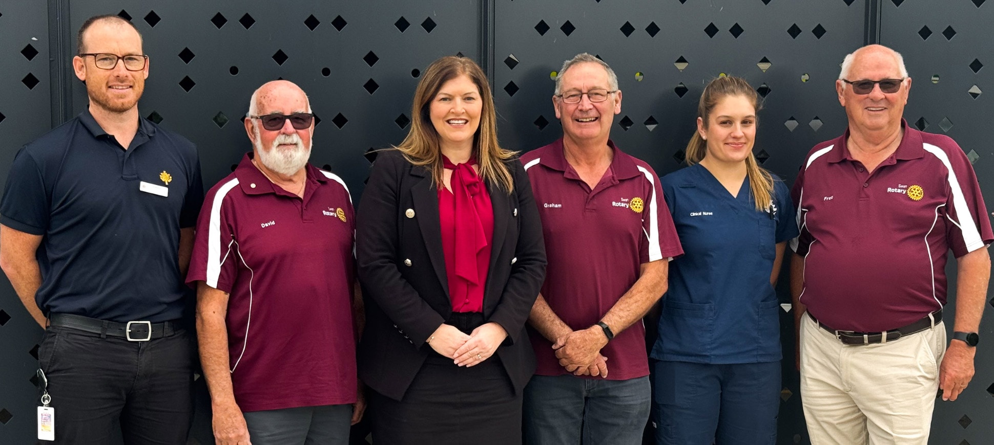 Nursing Director for ED Chris Goadby (far left), City of Swan Mayor Tanya Richardon (centre), Program Manager Maddison Calzada (right) with representatives from the Swan Rotary