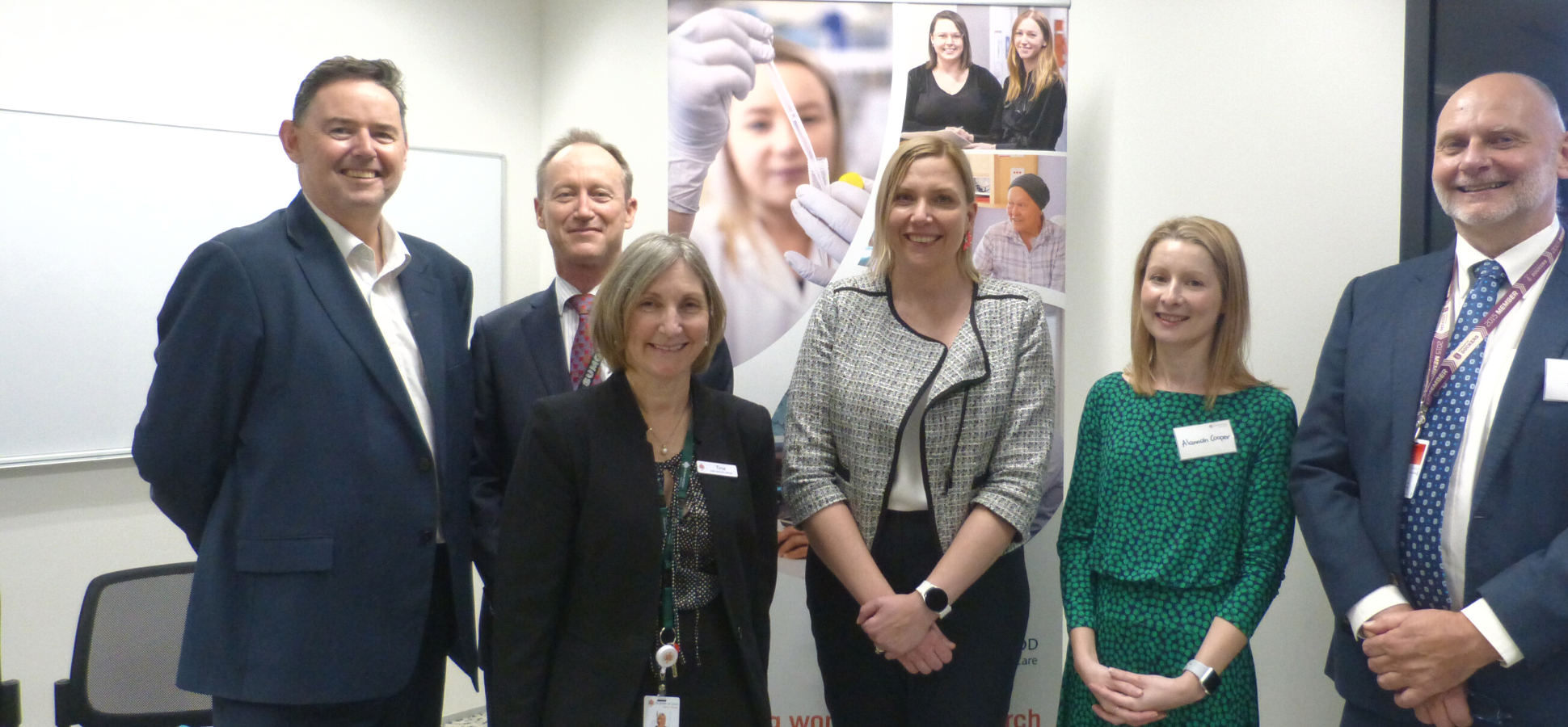 Shane kelly, Allan Kermode, Tina Chinery, Bianca PIetralla, Alannah Cooper, Steve Webb smiling at Research Week event (2022)