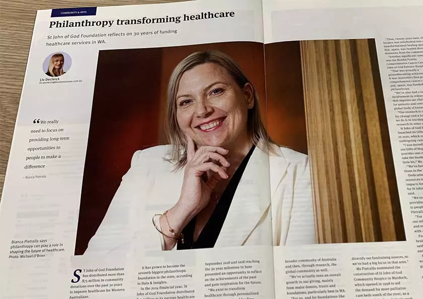 Magazine article reporting on St John of God Foundation’s 30th year.