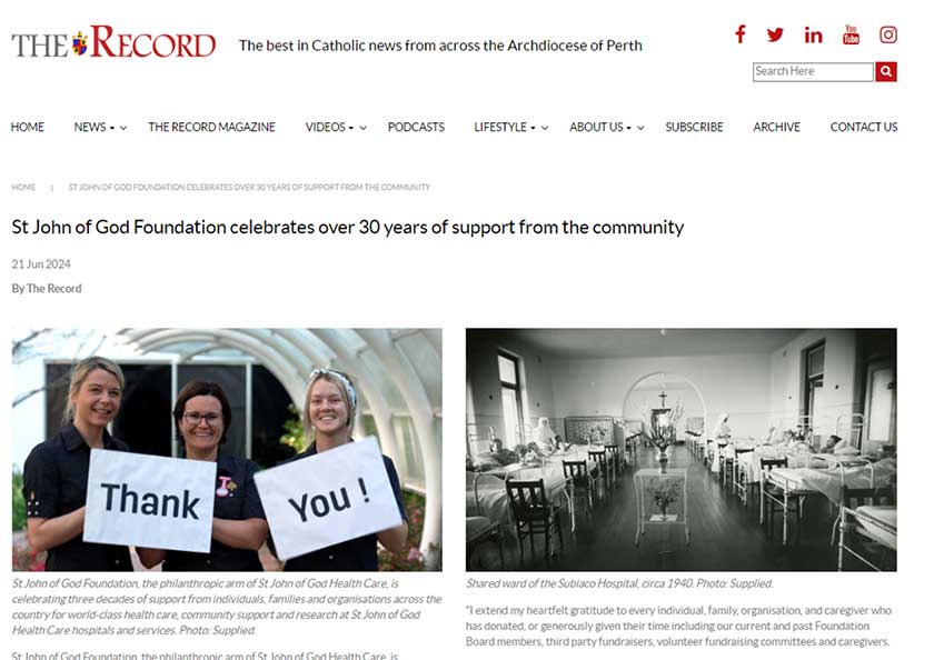 Screenshot of The Record’s reporting on St Joh of God Foundation’s 30th year.